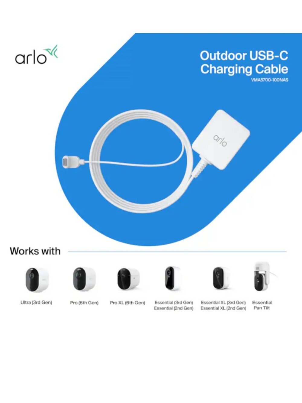 Arlo Outdoor 25 ft USB-C Charging Cable VMA5700 Arlo Certified Accessory New - Picture 4 of 8